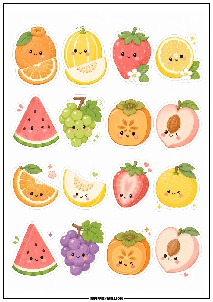 Cute fruit stickers featuring strawberries, oranges, grapes, peaches, melons, watermelons, and kawaii fruit characters.
