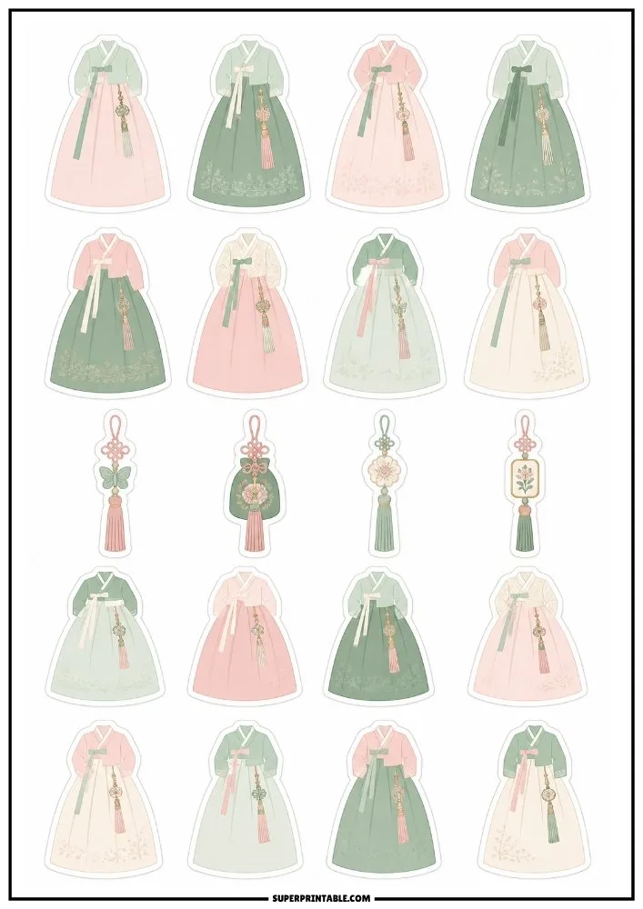 Pastel Korean hanbok stickers with traditional dresses, tassels, and decorative cultural accessories.