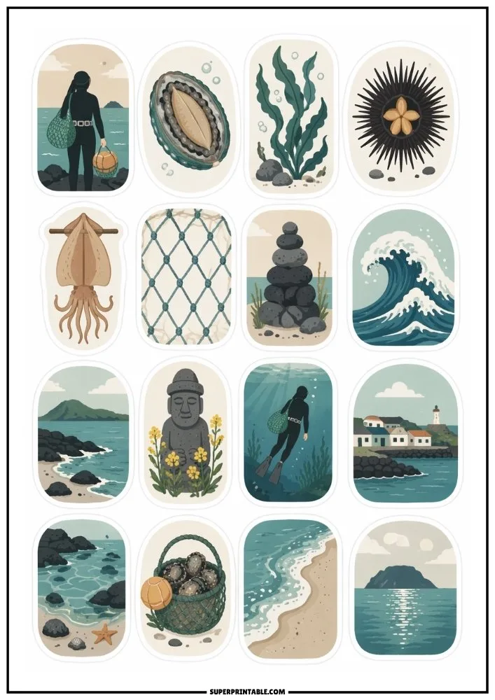 Coastal island stickers featuring ocean waves, divers, rocky beaches, sea life, fishing nets, and seaside scenery.