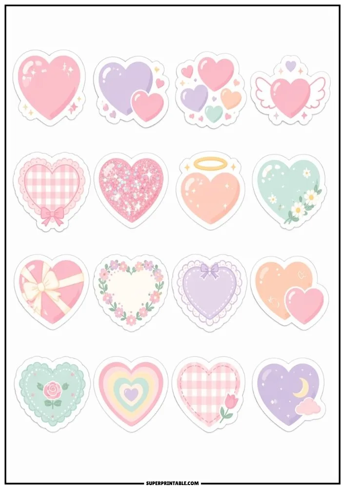 Kawaii heart stickers featuring pastel hearts, wings, bows, flowers, sparkles, and cute decorative designs.