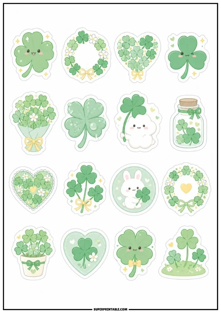 Cute lucky clover stickers with shamrocks, rabbits, flowers, wreaths, jars, and pastel green designs.
