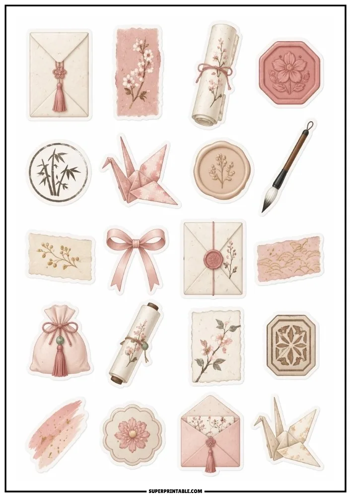 Vintage Korean stationery stickers with envelopes, wax seals, scrolls, origami cranes, ribbons, and floral papers.