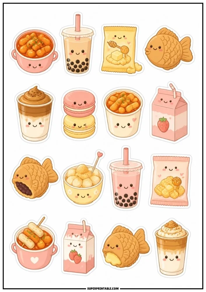 Cute Korean food stickers featuring bubble tea, fish pastries, rice cakes, milk cartons, snacks, and desserts.
