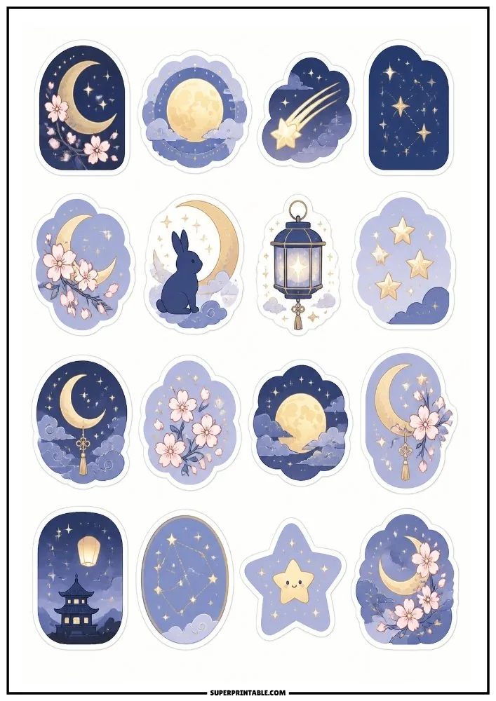 Fantasy night stickers with moons, stars, lanterns, clouds, flowers, rabbits, and dreamy celestial scenes.