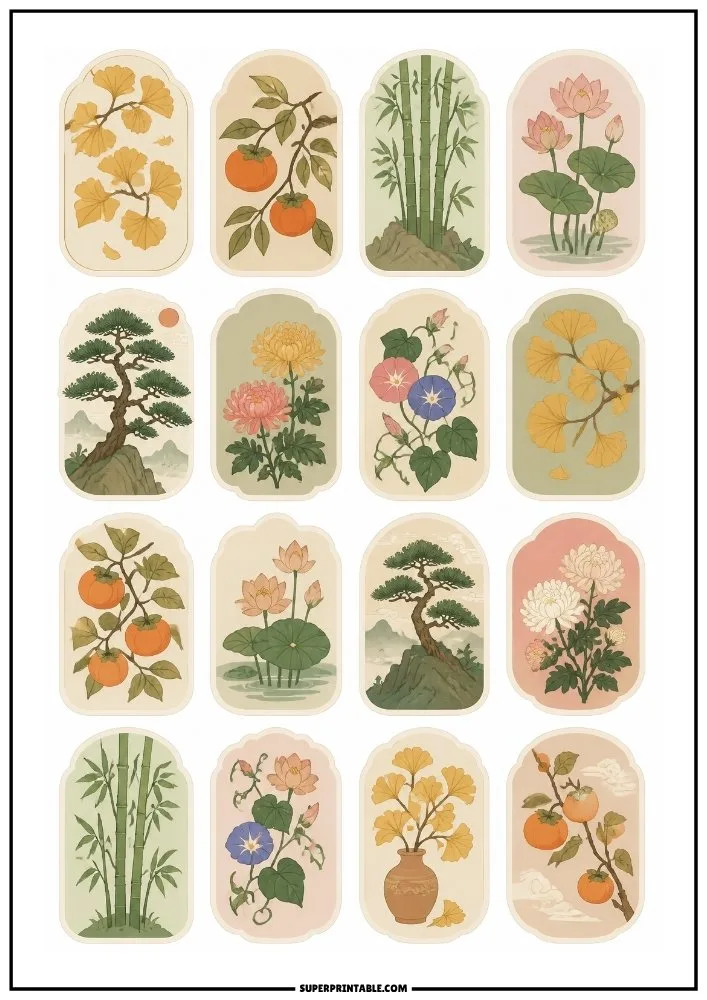 Traditional nature stickers featuring bamboo, lotus flowers, chrysanthemums, bonsai trees, and fruit branches.