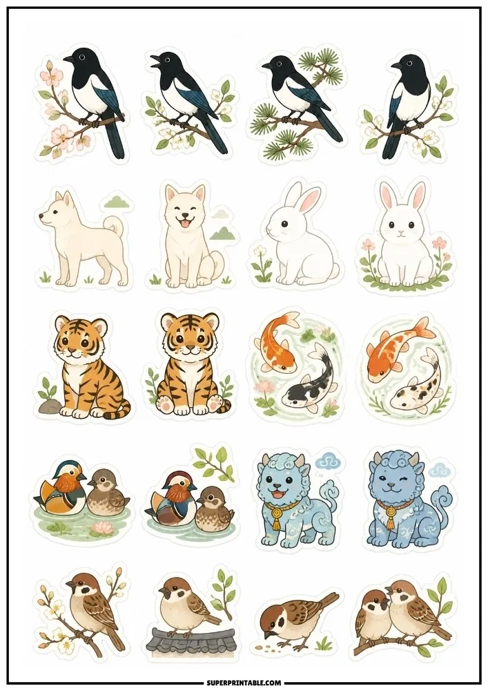 Cute animal stickers featuring birds, rabbits, tigers, koi fish, dogs, sparrows, ducks, and playful wildlife.
