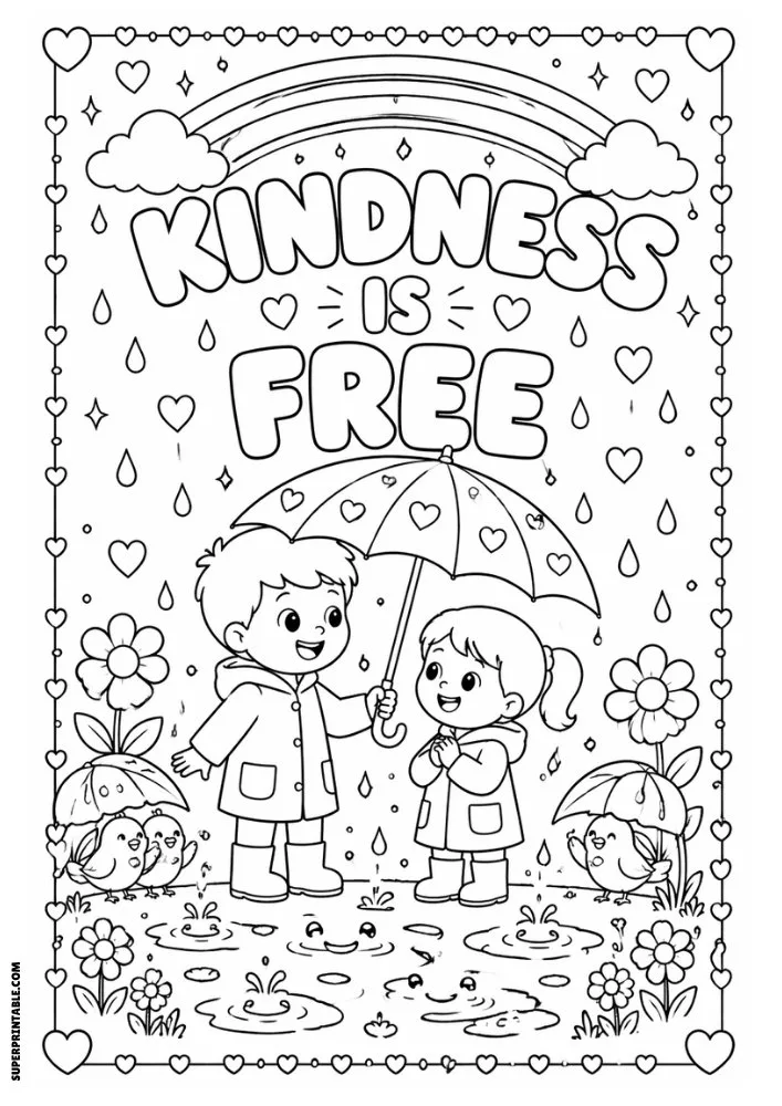 Children sharing an umbrella in the rain with kindness quote coloring page.