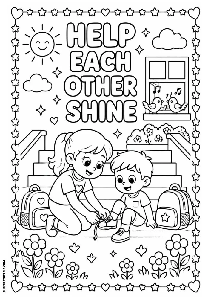 Help Each Other Shine coloring page featuring children helping one another.