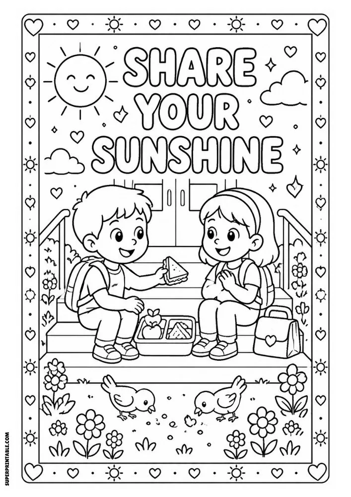 Share Your Sunshine coloring page featuring friends sharing lunch together.