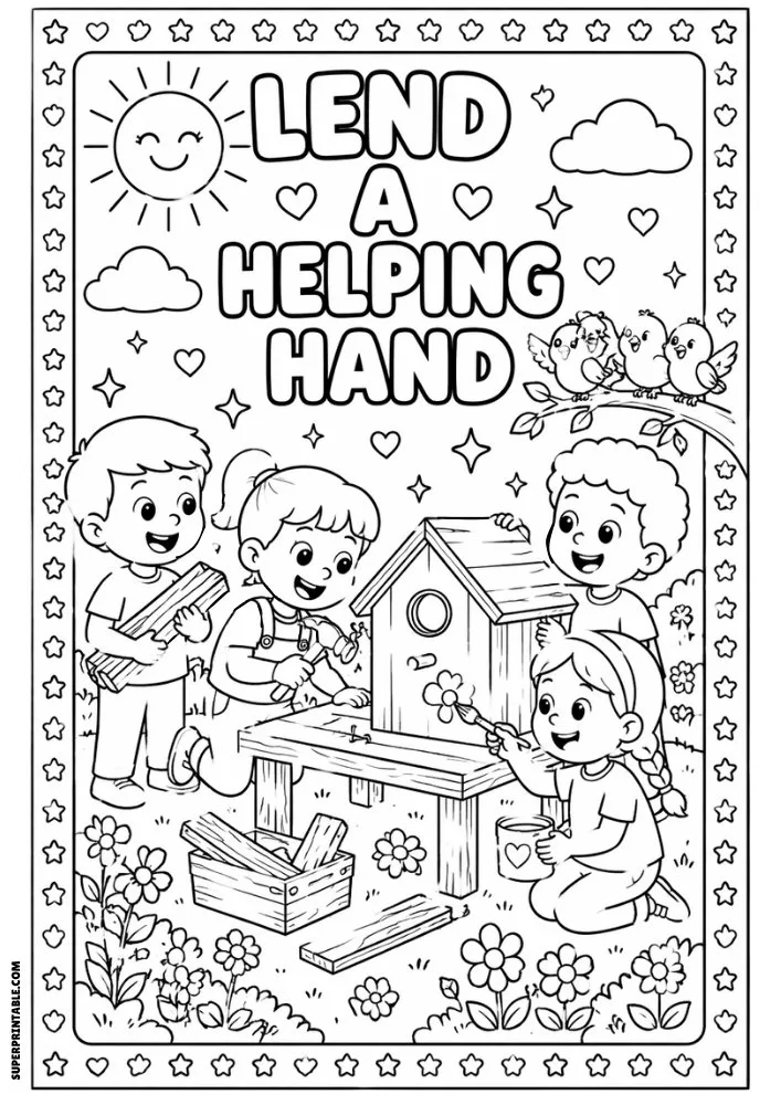 Lend A Helping Hand coloring page featuring children building a birdhouse.