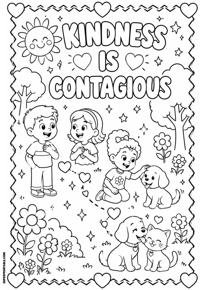 Kindness Is Contagious coloring page with children and friendly animals.