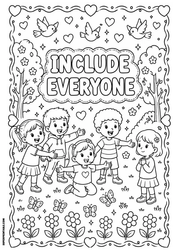Include Everyone coloring page featuring children inviting a friend to join.