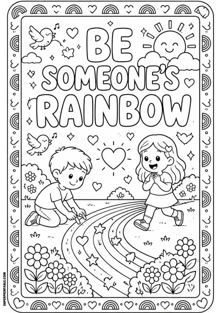 Be Someone's Rainbow coloring page featuring children and a rainbow theme.