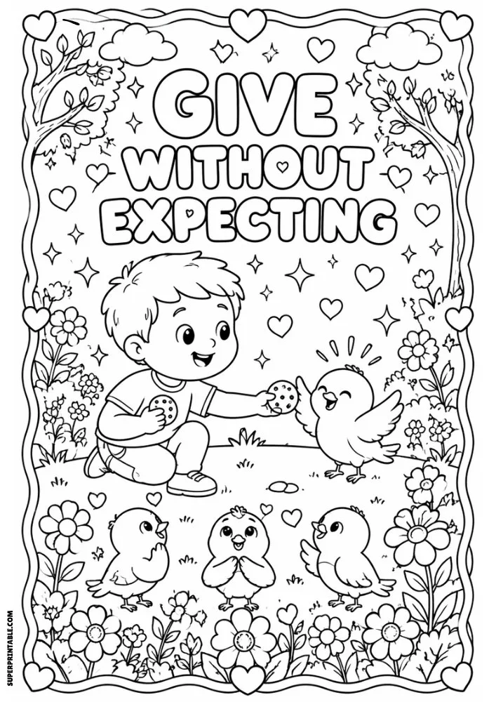 Give Without Expecting coloring page featuring a child feeding birds.