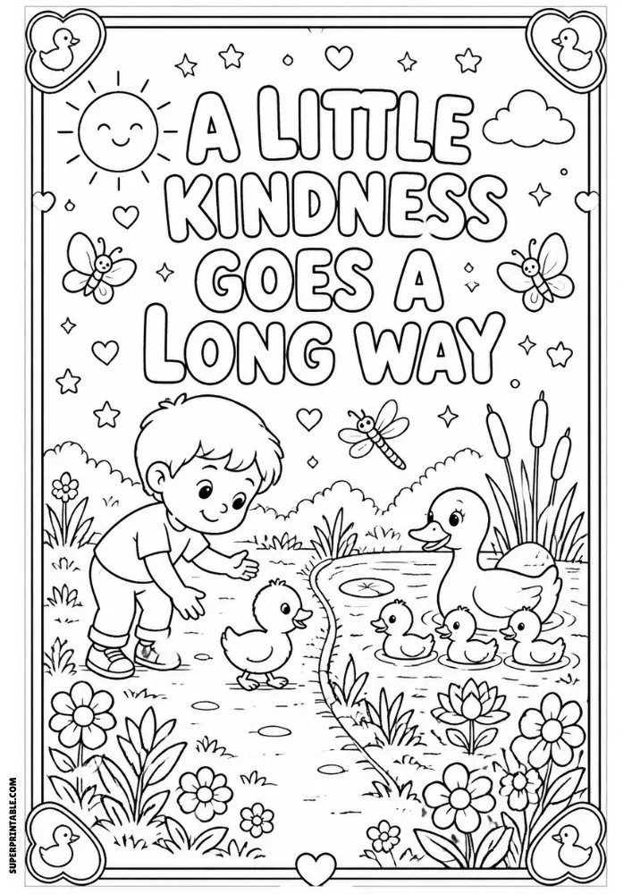 A Little Kindness Goes A Long Way coloring page with ducklings and a pond.