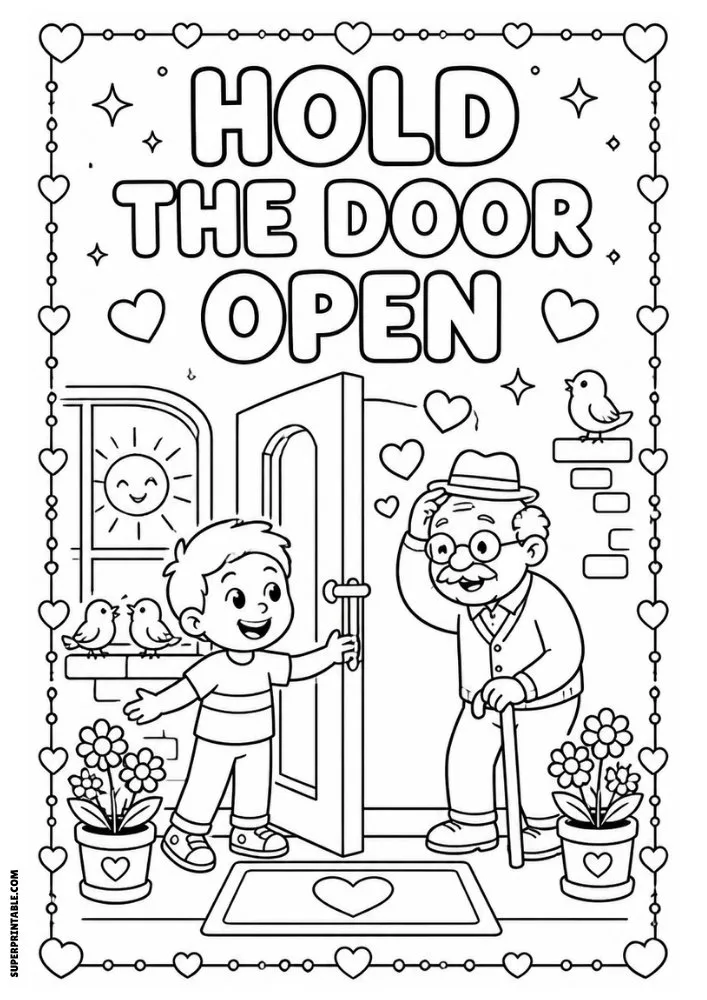 Hold The Door Open coloring page featuring a child helping an elderly man.