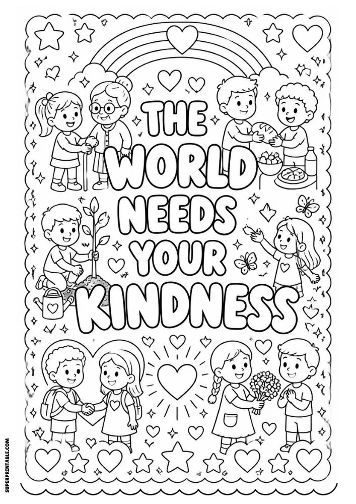 The World Needs Your Kindness coloring page featuring community kindness activities.