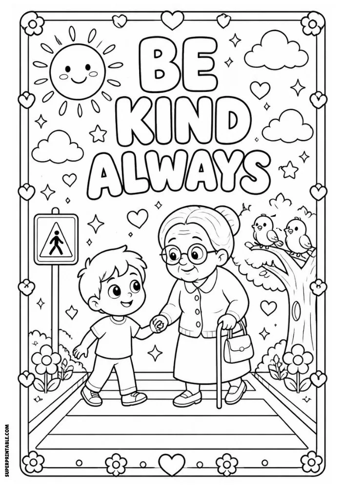 Be Kind Always coloring page featuring a child helping an elderly woman.