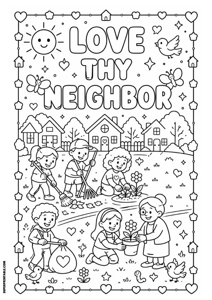Love Thy Neighbor coloring page featuring children helping their community.