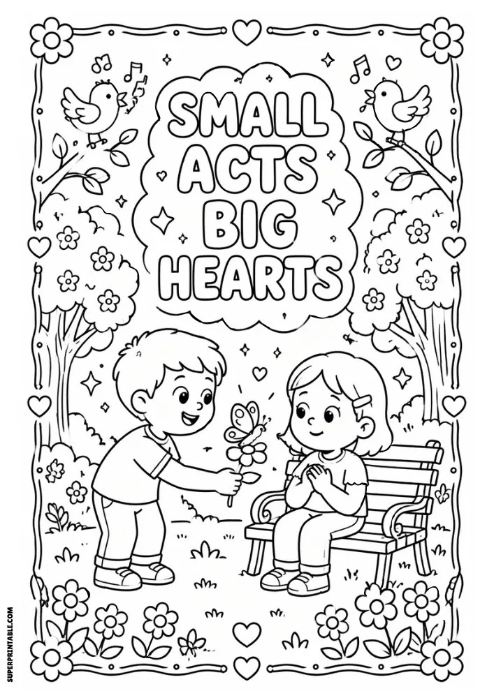 Small Acts Big Hearts coloring page featuring a child giving a flower to a friend.