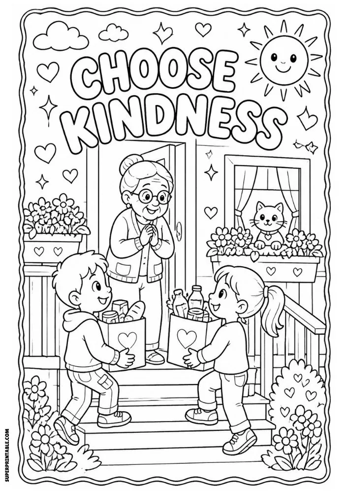 Choose Kindness coloring page featuring children helping an elderly neighbor.