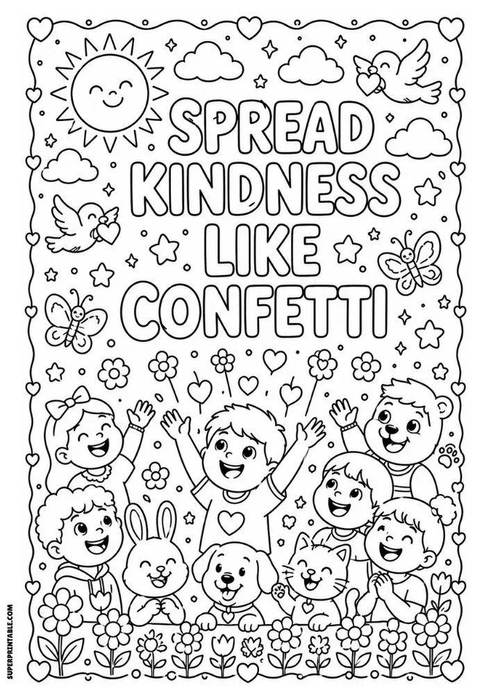 Spread Kindness Like Confetti coloring page with happy children, flowers, and animals.