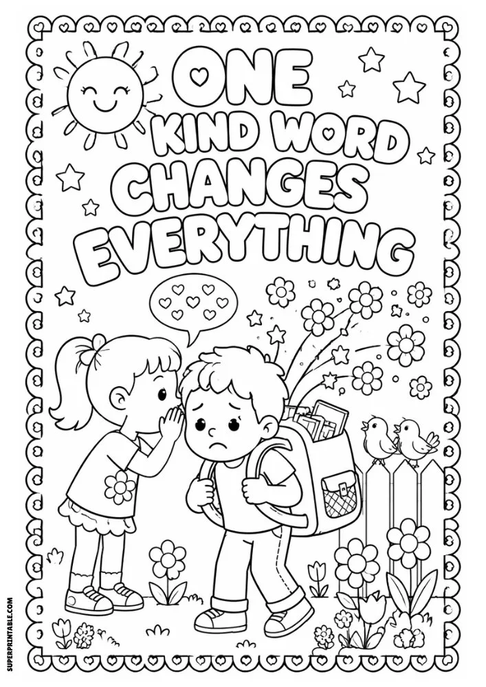 One Kind Word Changes Everything coloring page featuring children sharing encouragement.
