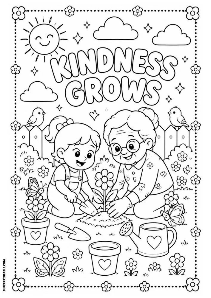 Kindness Grows coloring page featuring gardening, flowers, and family kindness.