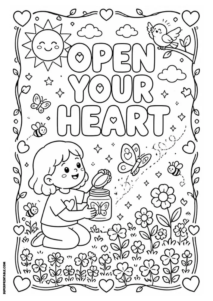 Open Your Heart coloring page with butterflies, flowers, and a child in a garden.