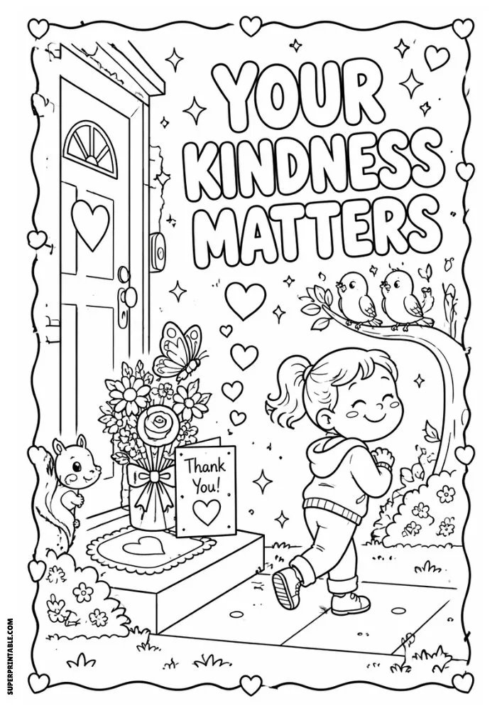 Your Kindness Matters coloring page featuring a child delivering a thank-you gift.