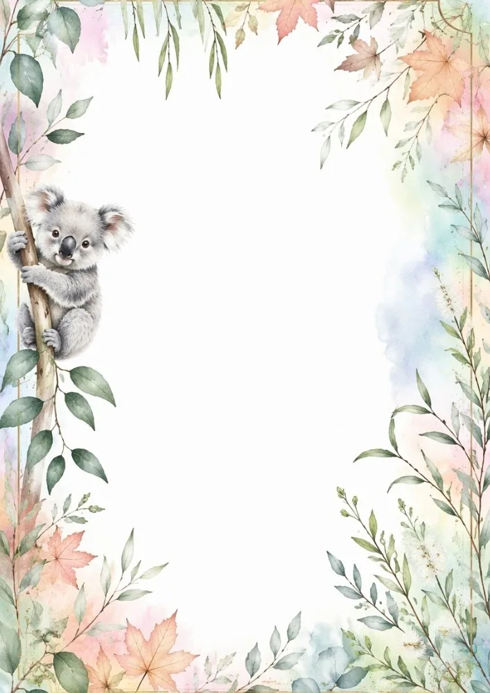 Watercolor koala peeking from a tree with pastel floral frame border.