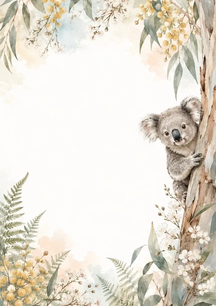 Koala peeking from tree with mimosa flowers and foliage border.