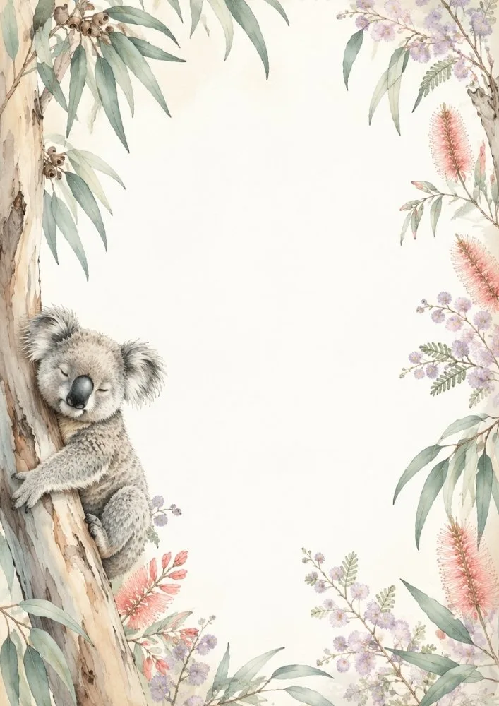 Sleeping koala on tree surrounded by watercolor flowers and leaves.