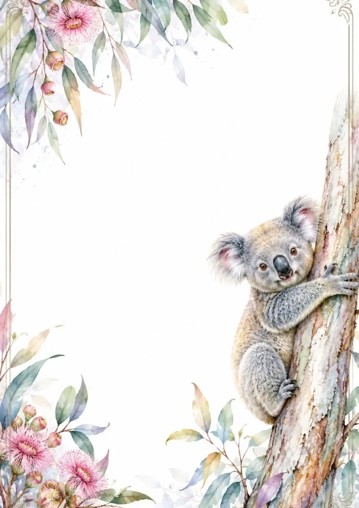 Koala hugging tree with pink blossoms and watercolor foliage.