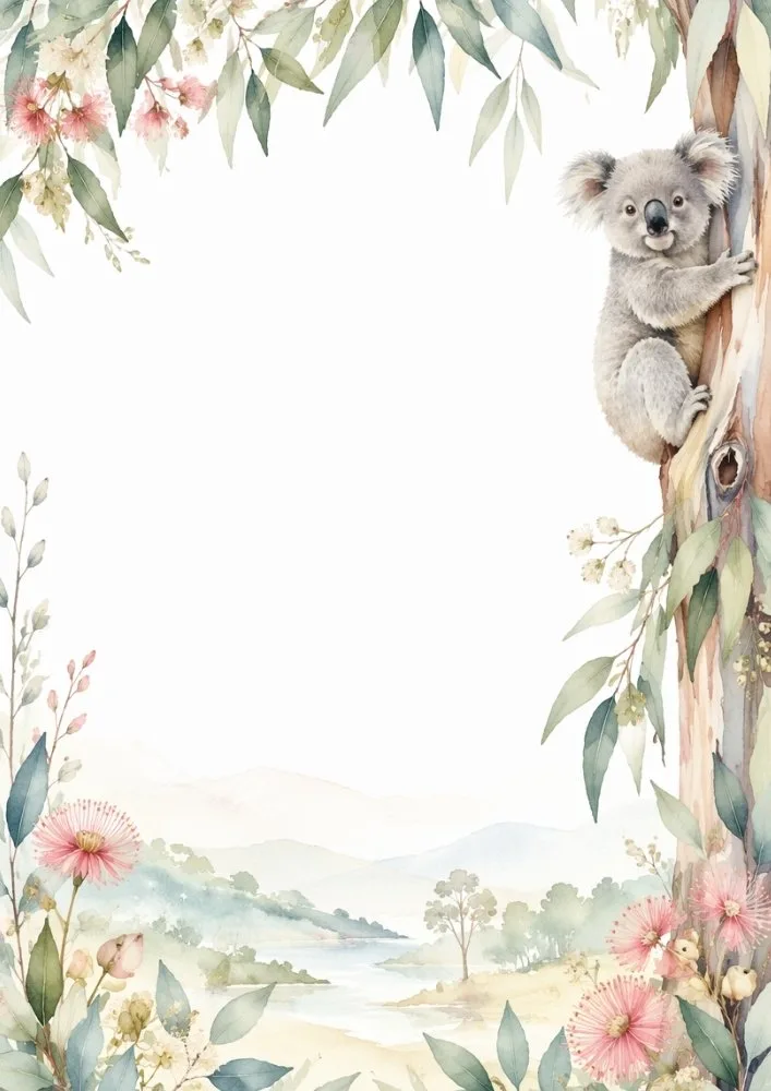 Koala with scenic landscape and watercolor floral border.
