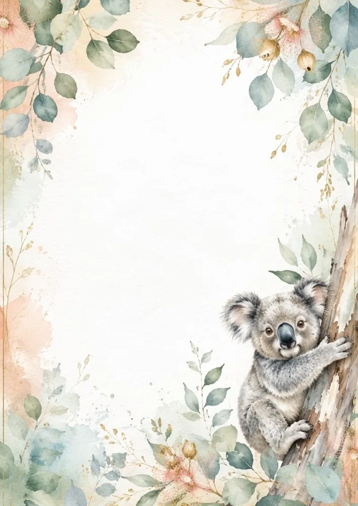 Watercolor koala on eucalyptus tree with botanical floral frame.