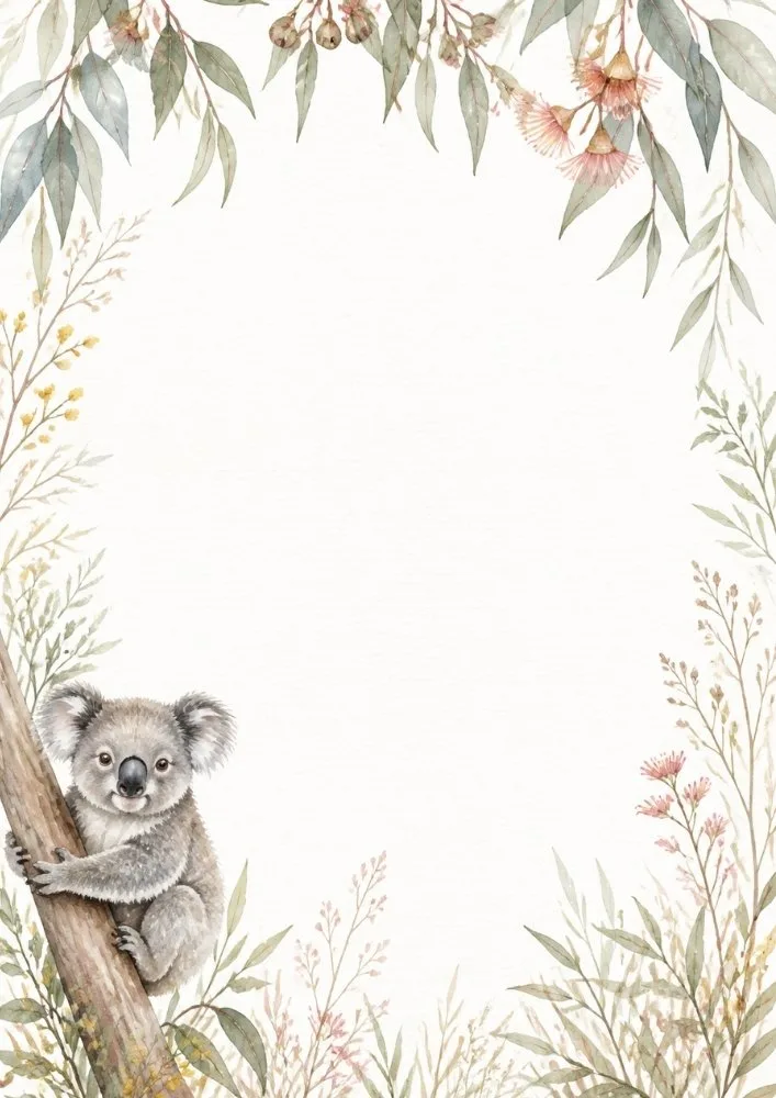 Watercolor koala on tree trunk surrounded by eucalyptus leaves and flowers.