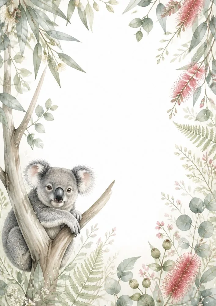 Koala surrounded by eucalyptus foliage, ferns, and watercolor flowers.