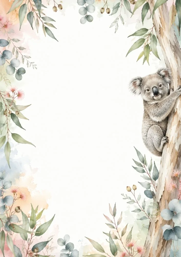 Watercolor koala on eucalyptus tree with pastel floral border.