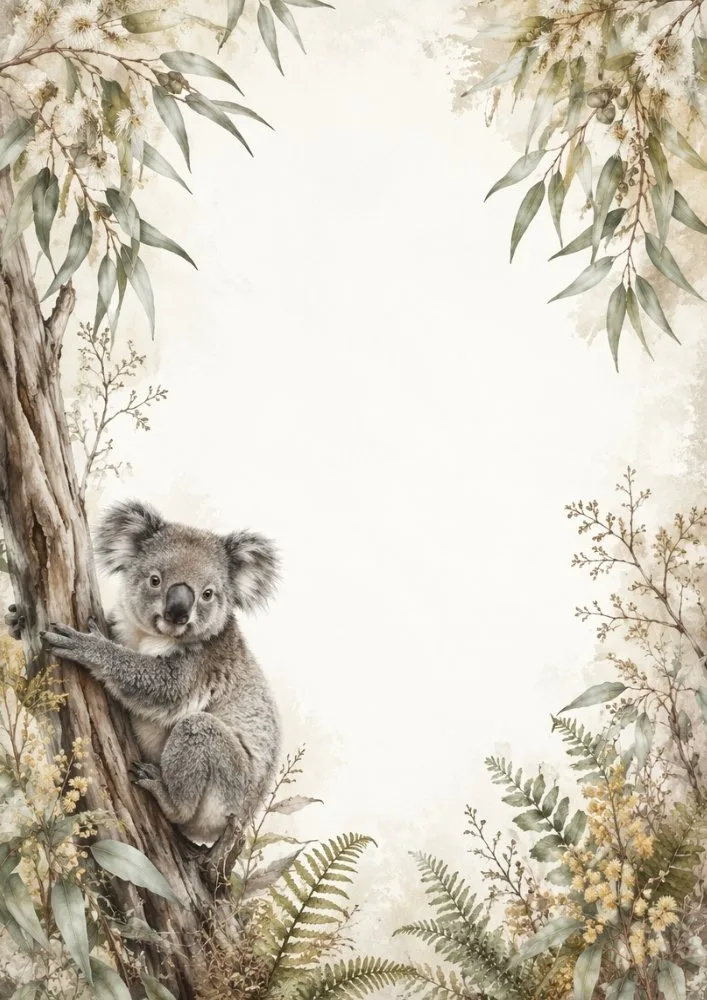 Koala with eucalyptus leaves, ferns, and Australian wildflowers.