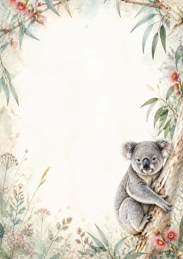 Watercolor koala with floral accents and eucalyptus foliage border.