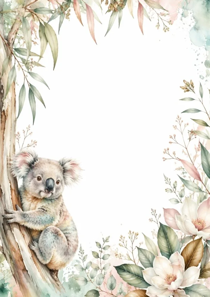 Koala beside magnolia flowers and watercolor botanical frame.