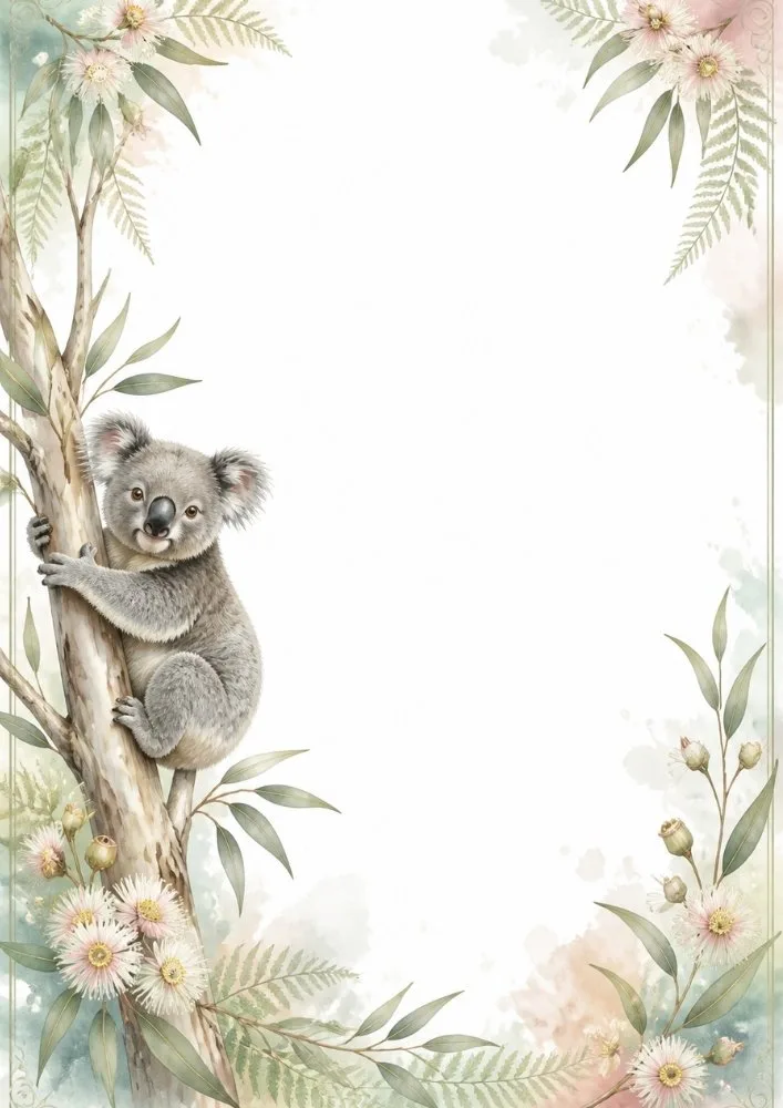 Koala on eucalyptus tree with soft watercolor floral border.
