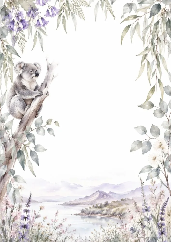 Koala overlooking a watercolor landscape with flowers and hills.