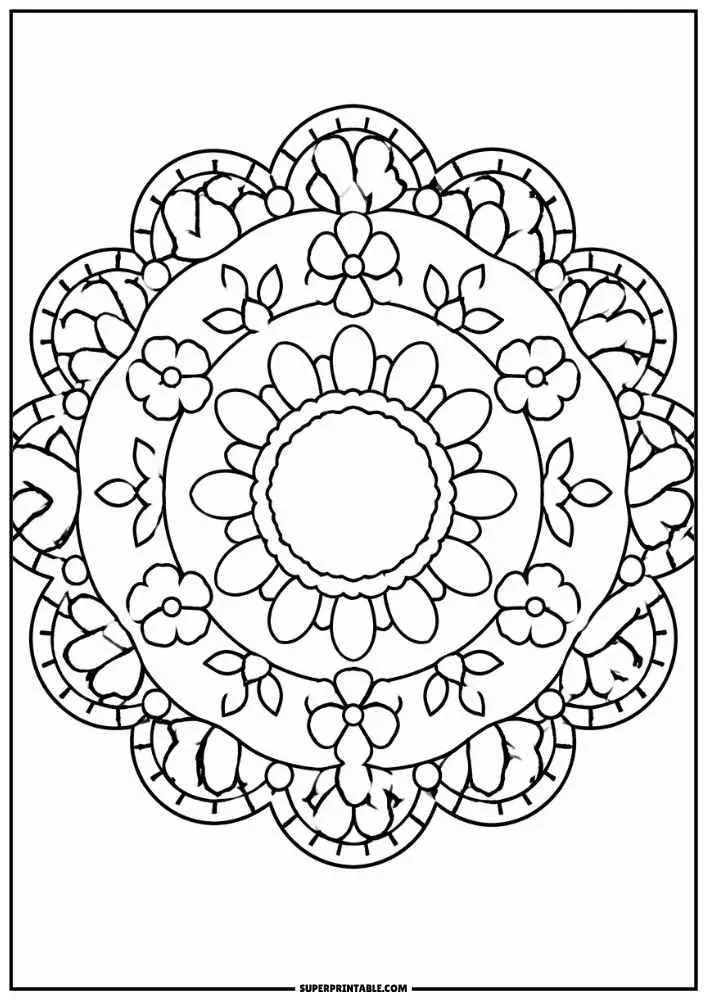 Round floral lace mandala with layered petals, flowers, leaves, and decorative border.