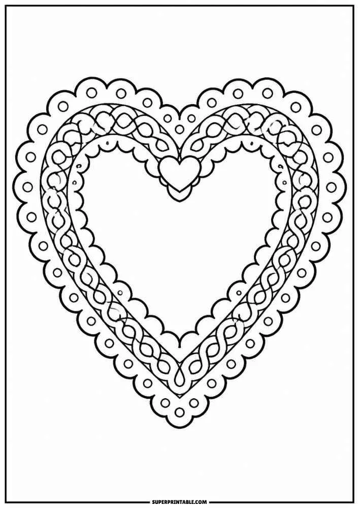 Heart shaped lace frame with scalloped edges, woven details, and a small heart.