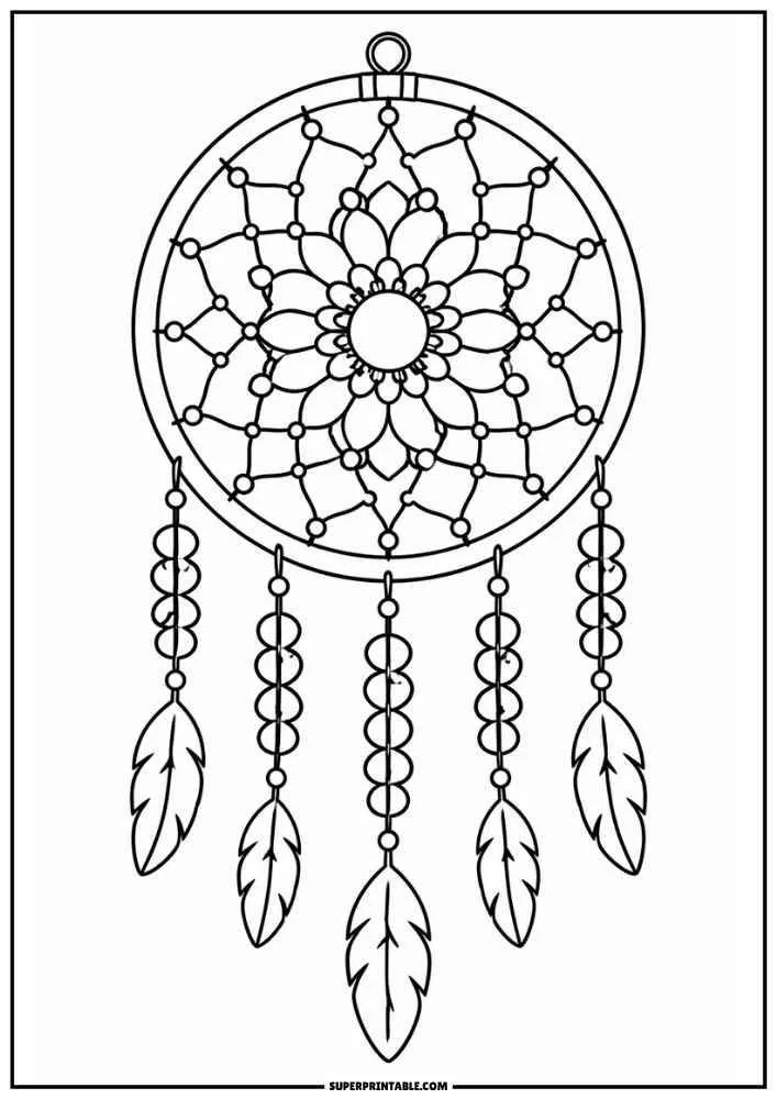 Dreamcatcher with floral web, hanging beads, and feathers.