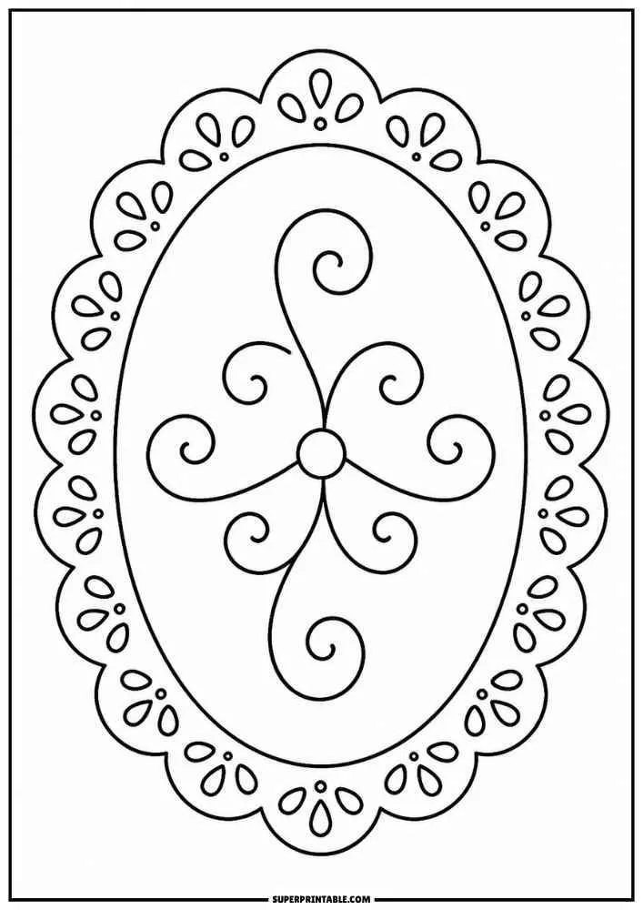 Oval lace ornament with a scalloped border and decorative swirl pattern in the center.