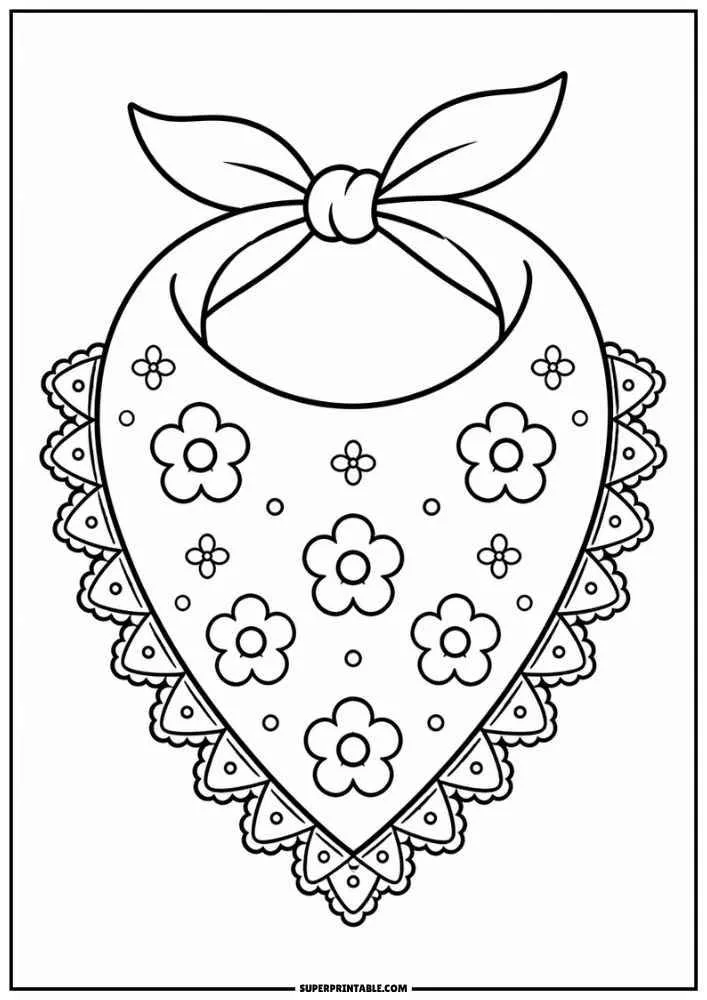 Bandana with a tied knot, flower patterns, and decorative lace border.