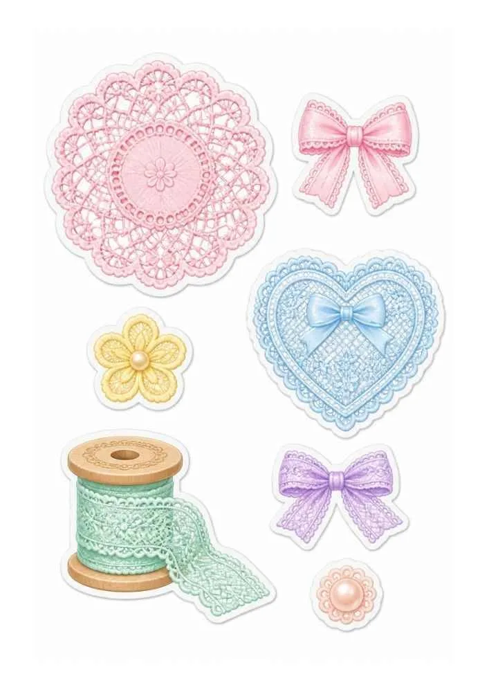 Lace stickers with doilies, bows, ribbon spool, flower, pearl, and heart lace ornament.